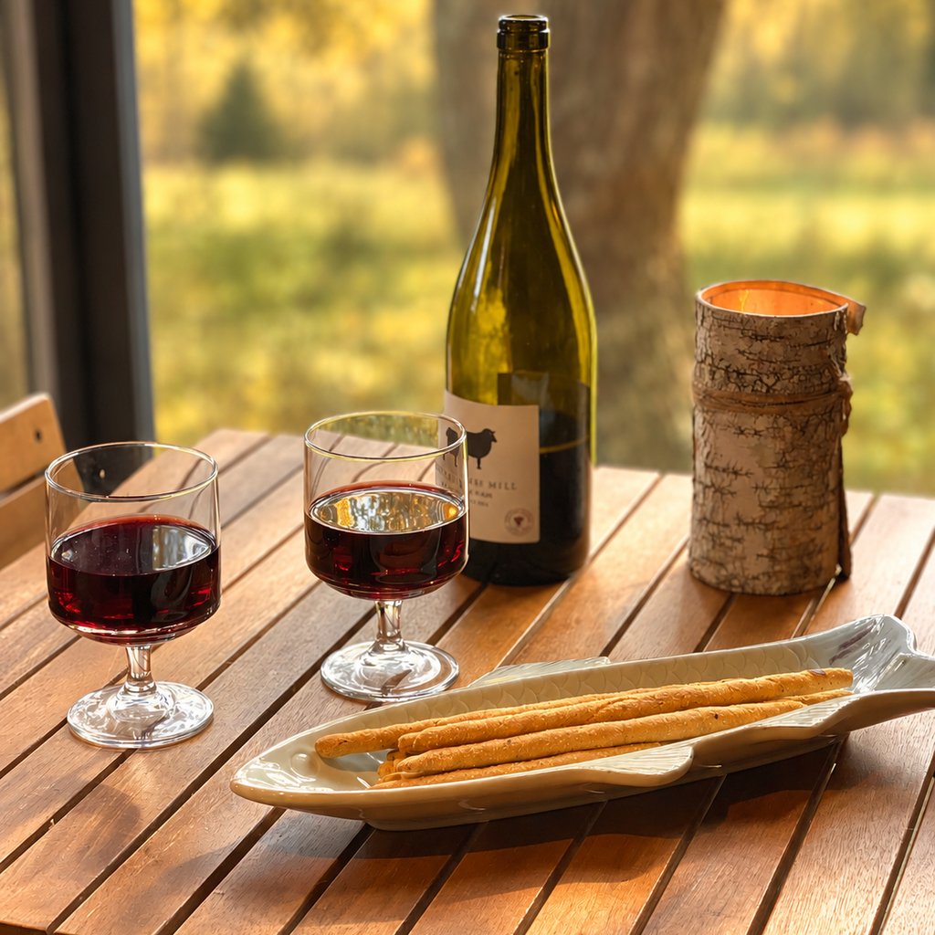 Glasses of red wine, breadsticks and a lit candle on a treehouse deck table overlooking the woods