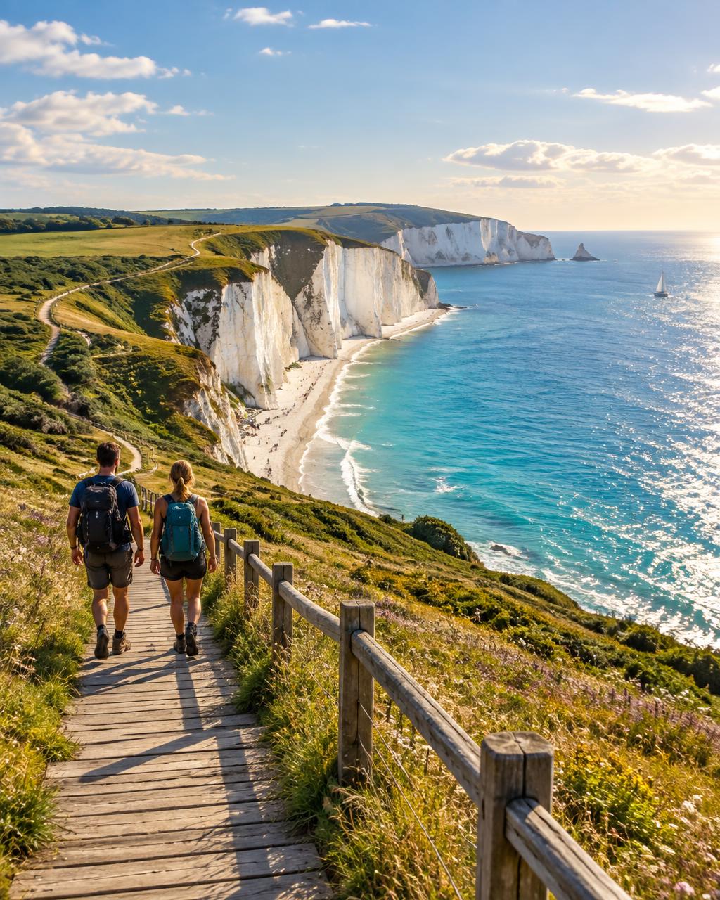 Walkers on the chalk cliffs of the Isle of Wight above a white sand bay